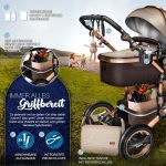 Carucior 3 in 1, Scoica, Geanta de scutece, Husa de protectie detasabila, plasa tantari, roti 360°, 112 x 87 x 65 cm, maro/crem - imagine 6
