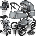 Carucior Bebe 3 in 1, Scoica, Geanta de scutece, Husa de protectie detasabila, plasa tantari, roti 360°, ultrausor,Gri