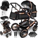 Carucior 3 in 1, Scoica, Geanta de scutece, Husa de protectie detasabila, plasa tantari, roti 360°, 112 x 87 x 65 cm, negru/gold