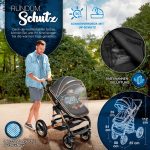 Carucior 3 in 1, Scoica, Geanta de scutece, Husa de protectie detasabila, plasa tantari, roti 360°, 112 x 87 x 65 cm, negru/gold - imagine 2