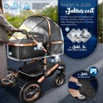 Carucior 3 in 1, Scoica, Geanta de scutece, Husa de protectie detasabila, plasa tantari, roti 360°, 112 x 87 x 65 cm, negru/gold - imagine 4