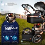 Carucior 3 in 1, Scoica, Geanta de scutece, Husa de protectie detasabila, plasa tantari, roti 360°, 112 x 87 x 65 cm, negru/gold - imagine 7
