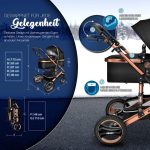 Carucior 3 in 1, Scoica, Geanta de scutece, Husa de protectie detasabila, plasa tantari, roti 360°, 112 x 87 x 65 cm, negru/gold - imagine 8