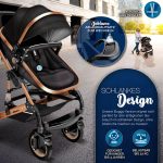 Carucior 3 in 1, Scoica, Geanta de scutece, Husa de protectie detasabila, plasa tantari, roti 360°, 112 x 87 x 65 cm, negru/gold - imagine 9