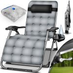 Sezlong pliabil, Tillvex®, capacitate 200 kg, spatar reglabil, perna inclusa, suport pentru bauturi, tesatura Teslin, 178 x 50 x 66 cm