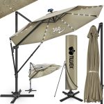 Umbrela de soare cu LED pentru terasa/gradina, din aluminiu premium, 330 cm, husa protectie, Tillvex®, reglabila in 6 directii, cu manivela, rotativa 360°, inclinabila, rezistenta UV50+, crem inchis