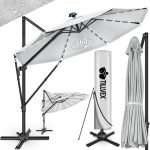Umbrela de soare cu LED pentru terasa/gradina, din aluminiu premium, 330 cm, husa protectie, Tillvex®, reglabila in 6 directii, cu manivela, rotativa 360°, inclinabila, rezistenta UV50+, gri