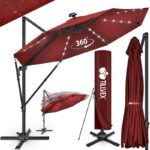 Umbrela de soare cu LED pentru terasa/gradina, din aluminiu premium, 330 cm, husa protectie, Tillvex®, reglabila in 6 directii, cu manivela, rotativa 360°, inclinabila, rezistenta UV50+, rosu