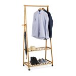 Suport pentru haine cu 2 rafturi pentru incaltaminte si suport pentru umbrele, Relaxdays, din bambus, 166 x 84 x 45 cm
