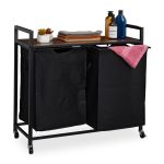 Cos de rufe dublu cu raft, roti, design industrial, negru, 74,5 x 80 x 33 cm