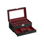 Cutie caseta eleganta pentru depozitare si organizare ceasuri si bijuterii, catifea, 19,5 x 33 x 14 cm, negru/rosu