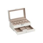 Cutie caseta eleganta pentru depozitare si organizare ceasuri si bijuterii, catifea, 19,5 x 33 x 14 cm, alb/crem