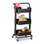 Carucior servire cu 3 rafturi, Relaxdays, negru, din plastic si metal, 84 x 42 x 37 cm