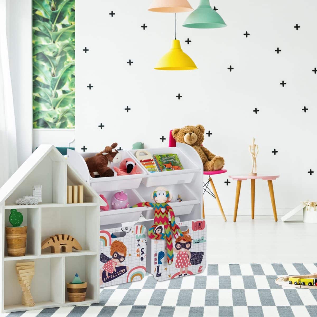 Raft pentru copii, cutii din plastic si sertare, cu roti, MDF,  80,5 x 82,5 x 30 cm - imagine 6
