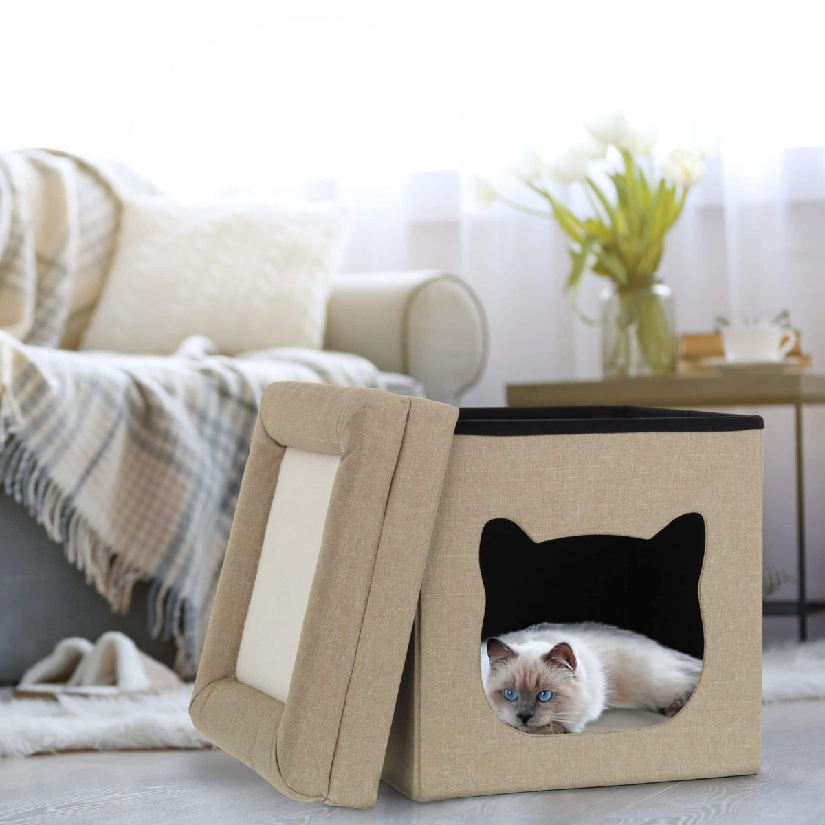 Casuta de pisici cu doua etaje, Relaxdays, 44 x 40 x 40cm, MDF, maro si alb - imagine 5