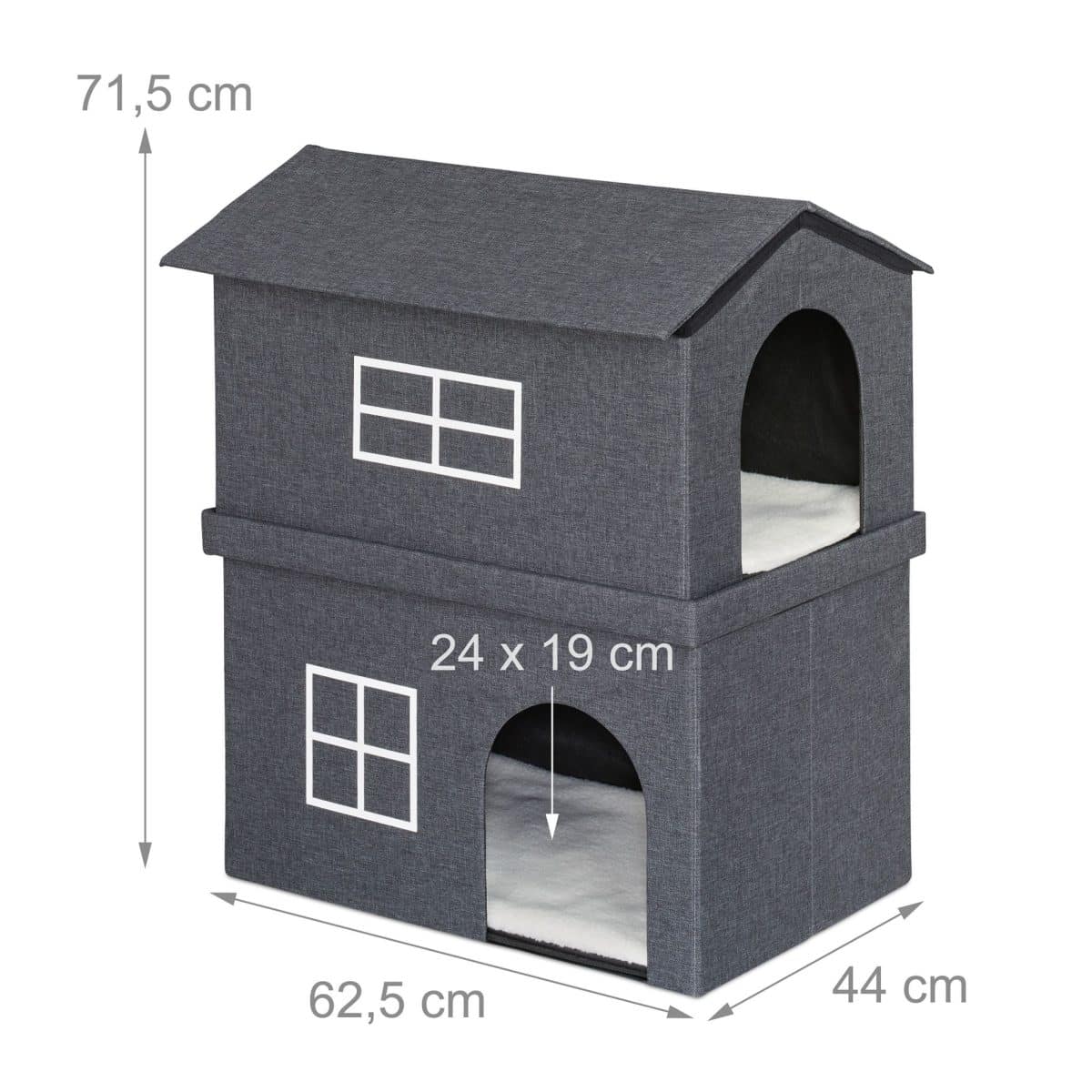 Casa de interior pentru pisici 2 etaje, Relaxdays, 71,5 x 44 x 62,5 cm, MDF, gri inchis/alb - imagine 5