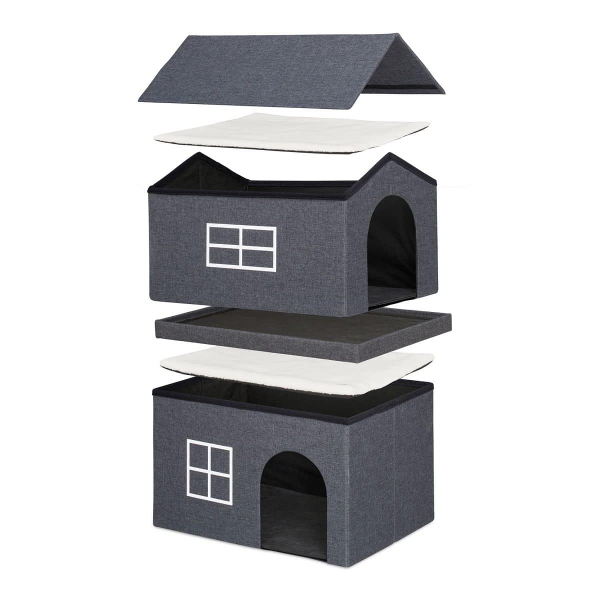Casa de interior pentru pisici 2 etaje, Relaxdays, 71,5 x 44 x 62,5 cm, MDF, gri inchis/alb - imagine 4