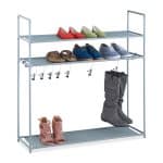 Suport cu 3 rafturi pentru pantofi, Relaxdays, 7 agatatori, dimensiuni 101 x 100 x 30 cm, capacitate 16 perechi pantofi, gri