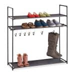 Suport cu 3 rafturi pentru pantofi, Relaxdays, 7 agatatori, dimensiuni 101 x 100 x 30 cm, capacitate 16 perechi pantofi, negru