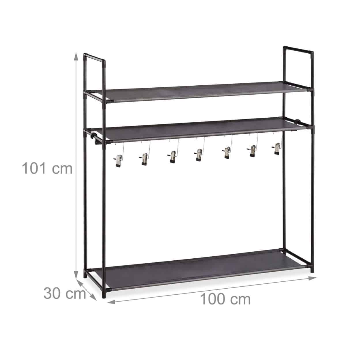 Suport cu 3 rafturi pentru pantofi, Relaxdays, 7 agatatori, dimensiuni 101 x 100 x 30 cm, capacitate 16 perechi pantofi, negru - imagine 2