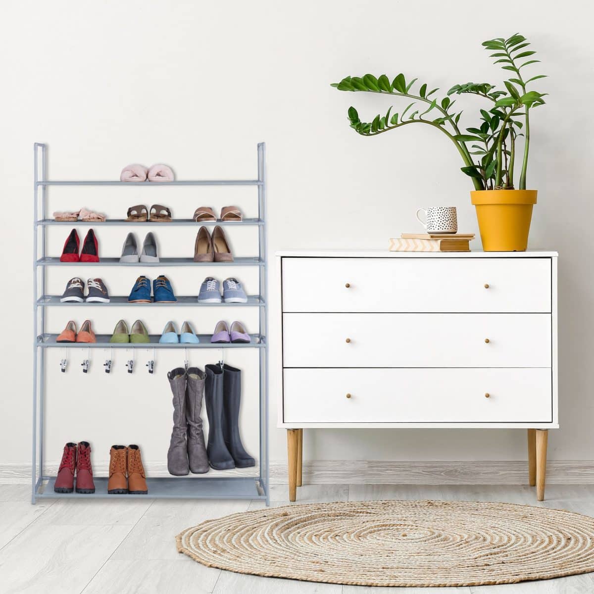 Suport cu 6 rafturi pentru pantofi, Relaxdays, 7 agatatori, dimensiuni 153 x 99 x 30 cm, capacitate 27 perechi pantofi, gri - imagine 3