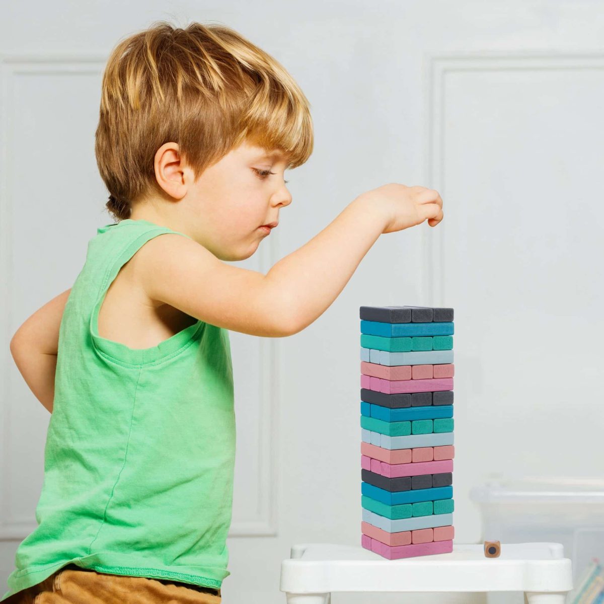 Joc tip turn Jenga, din lemn, 54 piese, 6 culori diferite, 26,5 x 7,5 x 7,5 cm - imagine 2
