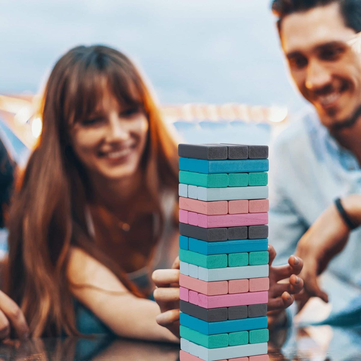Joc tip turn Jenga, din lemn, 54 piese, 6 culori diferite, 26,5 x 7,5 x 7,5 cm - imagine 3
