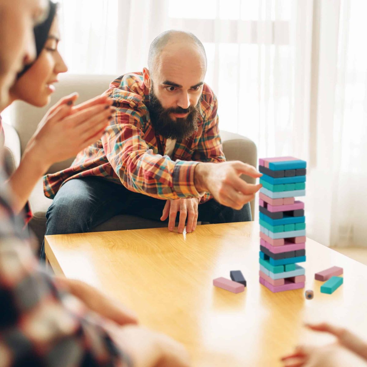 Joc tip turn Jenga, din lemn, 54 piese, 6 culori diferite, 26,5 x 7,5 x 7,5 cm - imagine 7