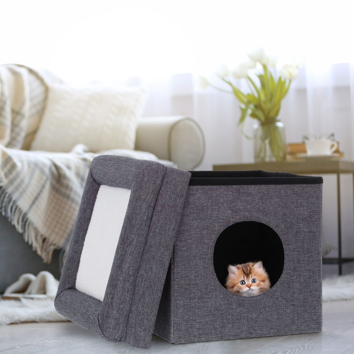 Casuta pentru pisici, capac detasabil, cu intrare rotunda, gri - imagine 3