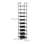 Suport ingust cu 10 rafturi pentru pantofi, Relaxdays, dimensiuni 175 x 33 x 33 cm, negru - imagine 2