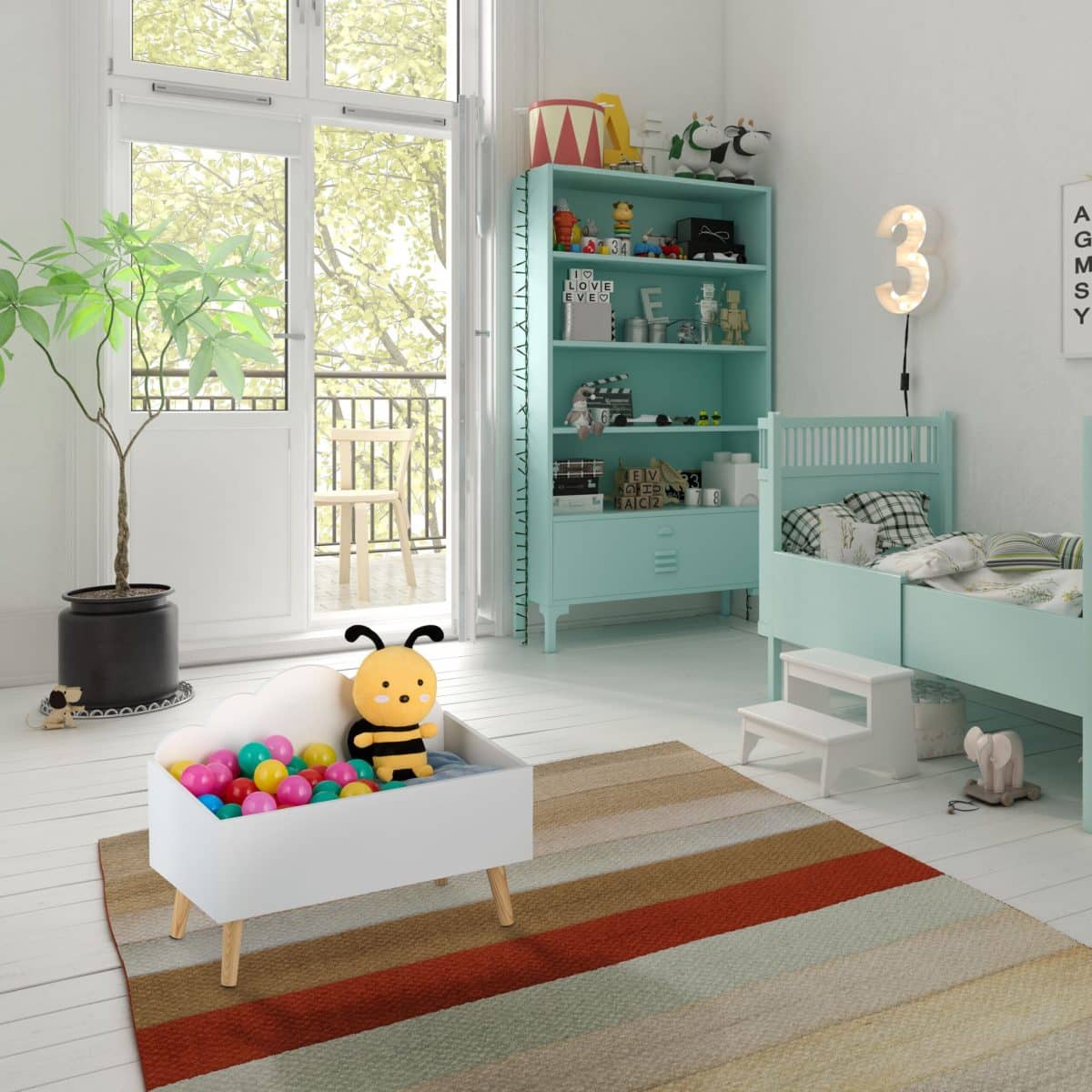 Cutie pentru jucarii, design nor, alb, MDF, 45 x 60 x 30 cm - imagine 5