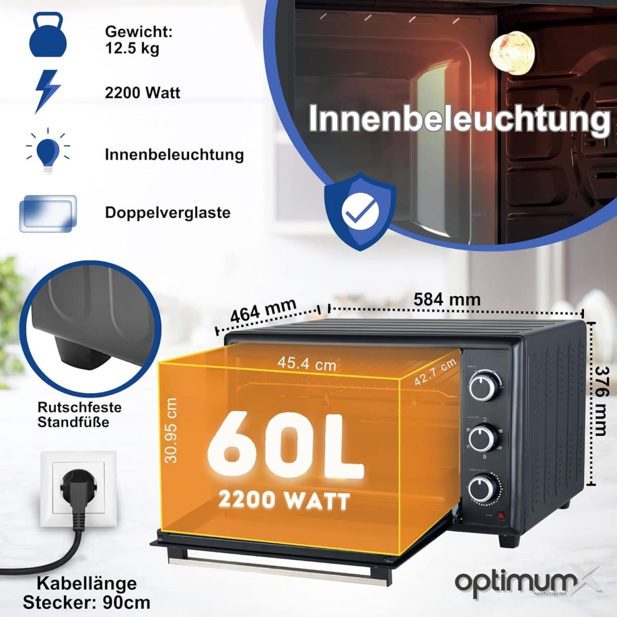 Cuptor electric cu convectie OptimumX, 60 L, 2200 W,  temperatura 40-230° , 5 moduri de gatire, accesorii incluse, 46.4 x 58.4 x 37.6 - imagine 4