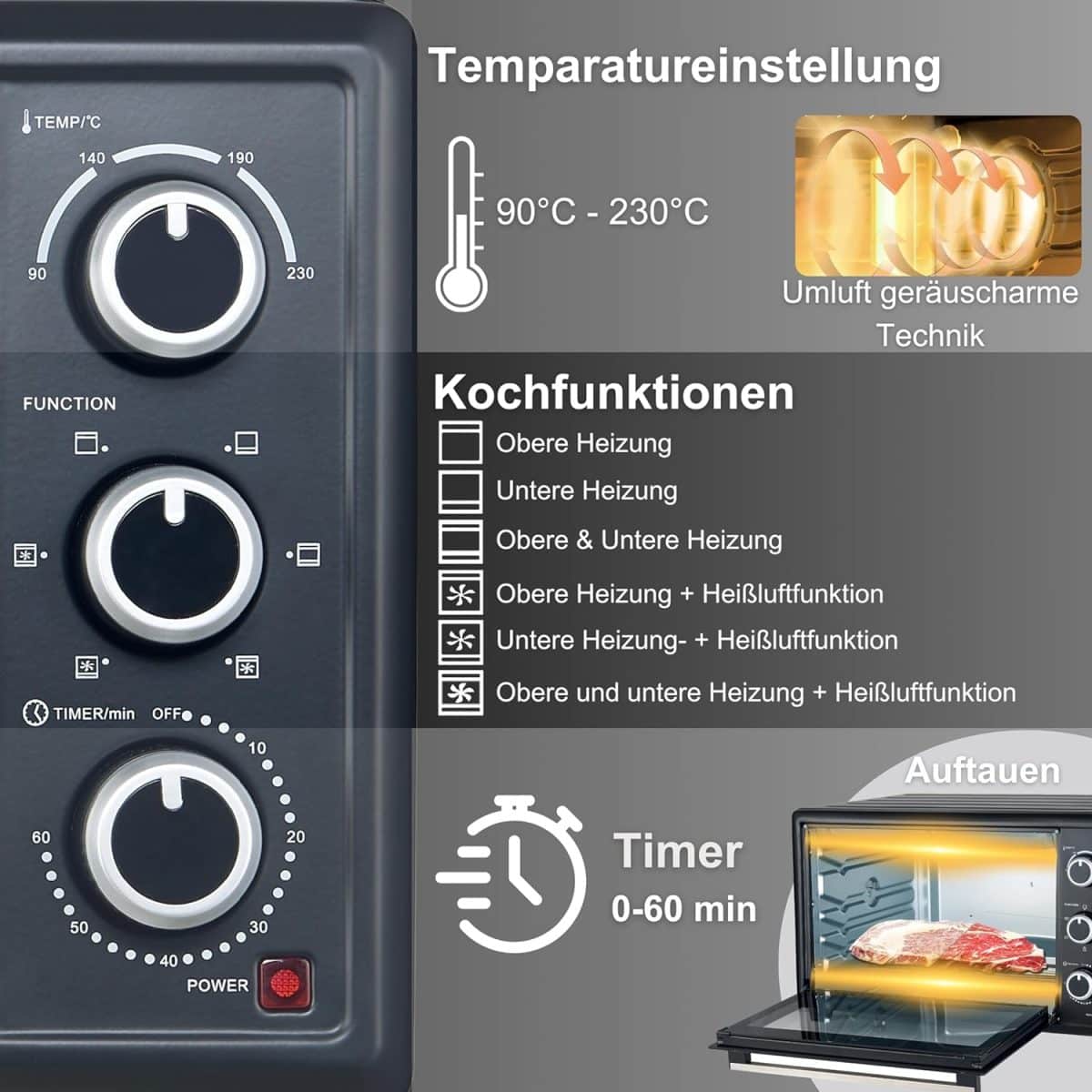 Cuptor electric cu convectie OptimumX, 20 L, 1380 W, 6 functii de coacere, temperatura 90-230 °, gratar si tava de copt incluse, 33.5 x 45.8 x 28.9 cm - imagine 4