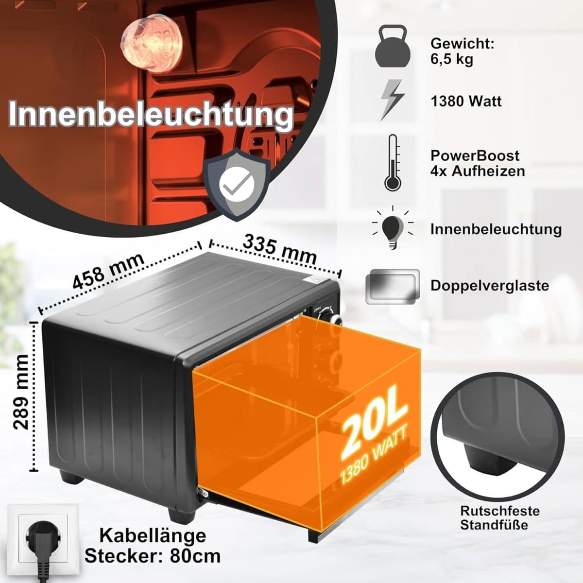 Cuptor electric cu convectie OptimumX, 20 L, 1380 W, 6 functii de coacere, temperatura 90-230 °, gratar si tava de copt incluse, 33.5 x 45.8 x 28.9 cm - imagine 3