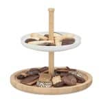 Platou pentru prajituri/fructe, 2 nivele, din bambus si ceramica, 25 x 25 x 25 cm