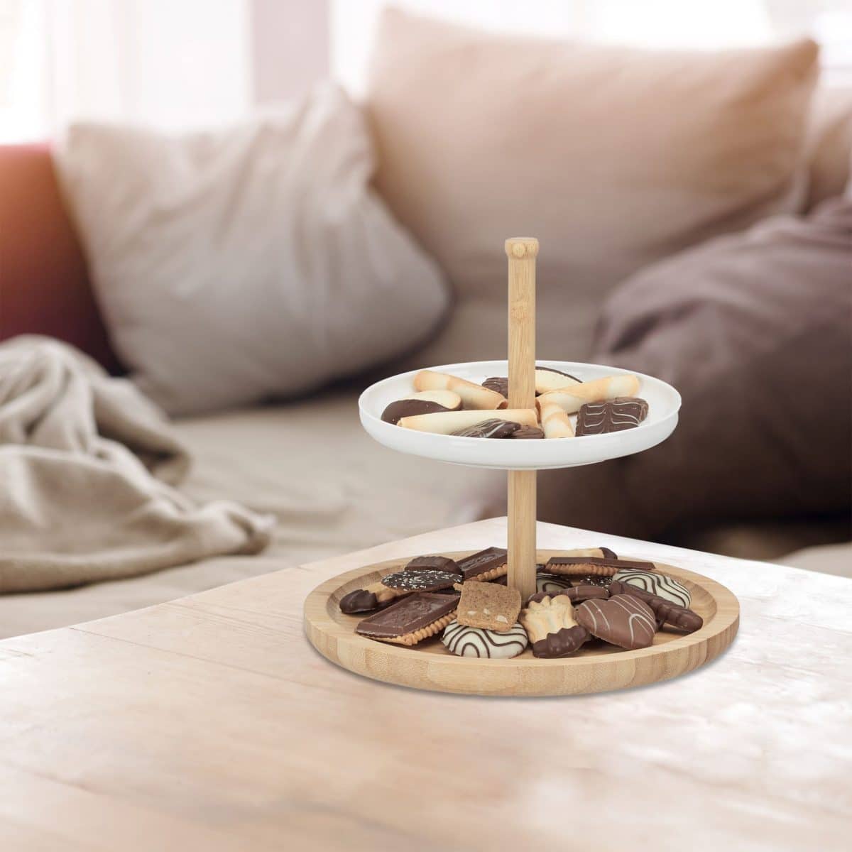 Platou pentru prajituri/fructe, 2 nivele, din bambus si ceramica, 25 x 25 x 25 cm - imagine 4