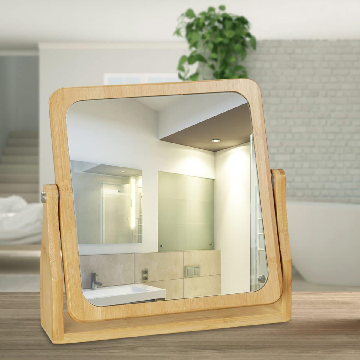 Oglinda cosmetica, rotire 360°, cadru din bambus,  27 x 26,5 x 7 cm - imagine 2