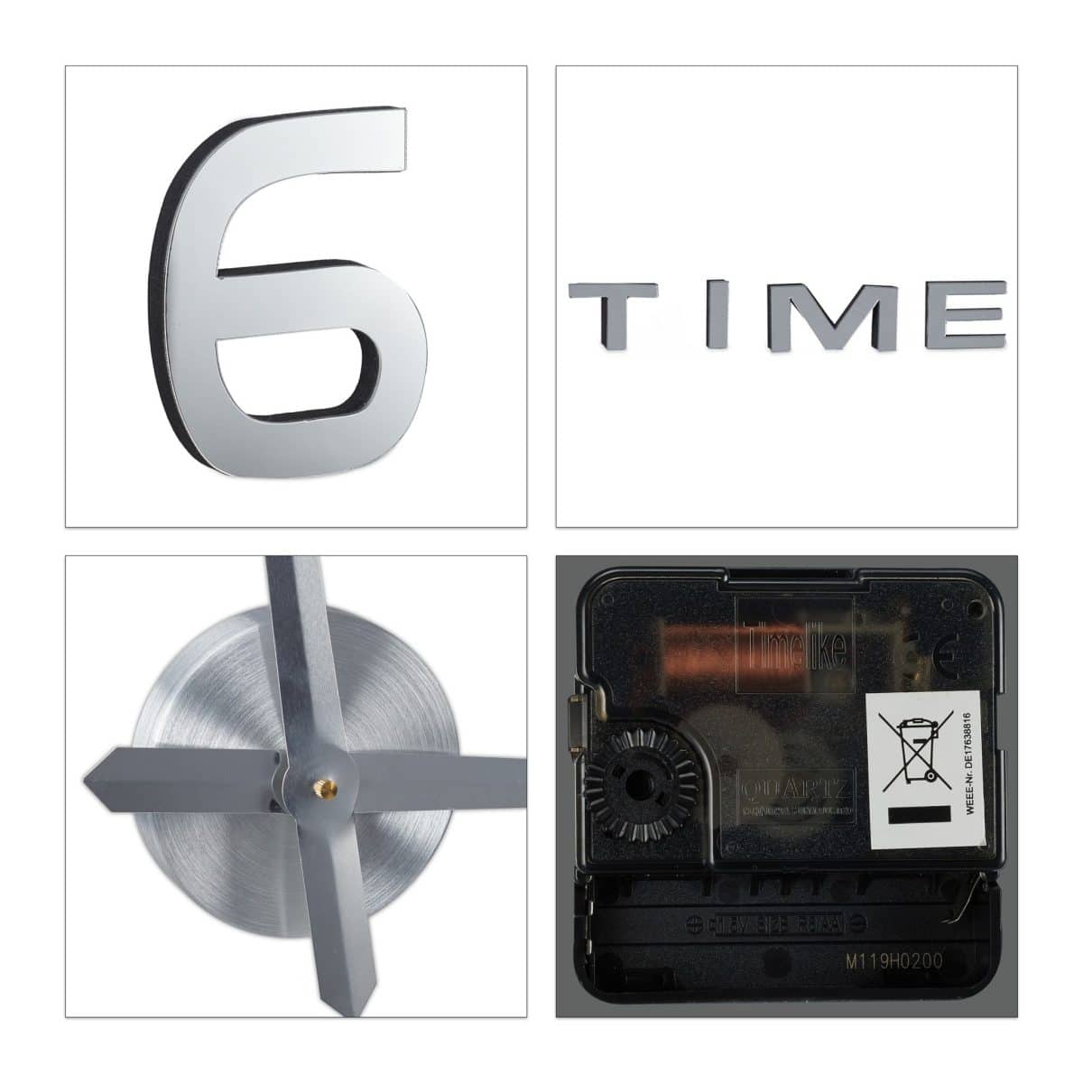 Ceas de perete, design 3D, XL, cifre autoadezive, argintiu - imagine 2