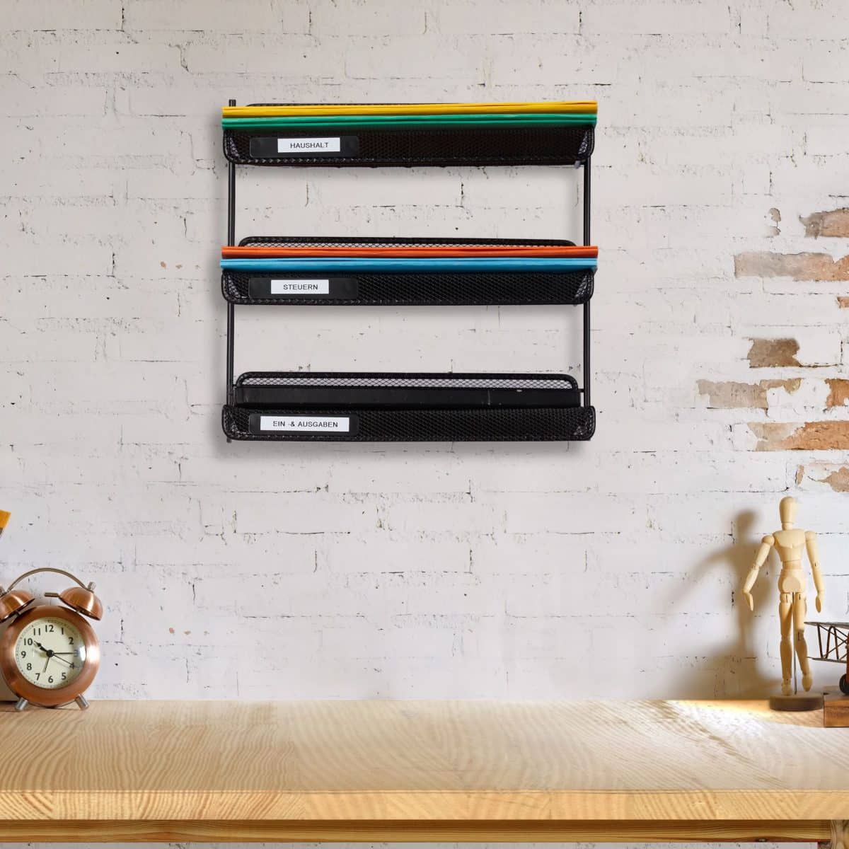 Organizator metalic, de birou/perete, 3 compartimente, negru 32 x 33 x 25 cm - imagine 2
