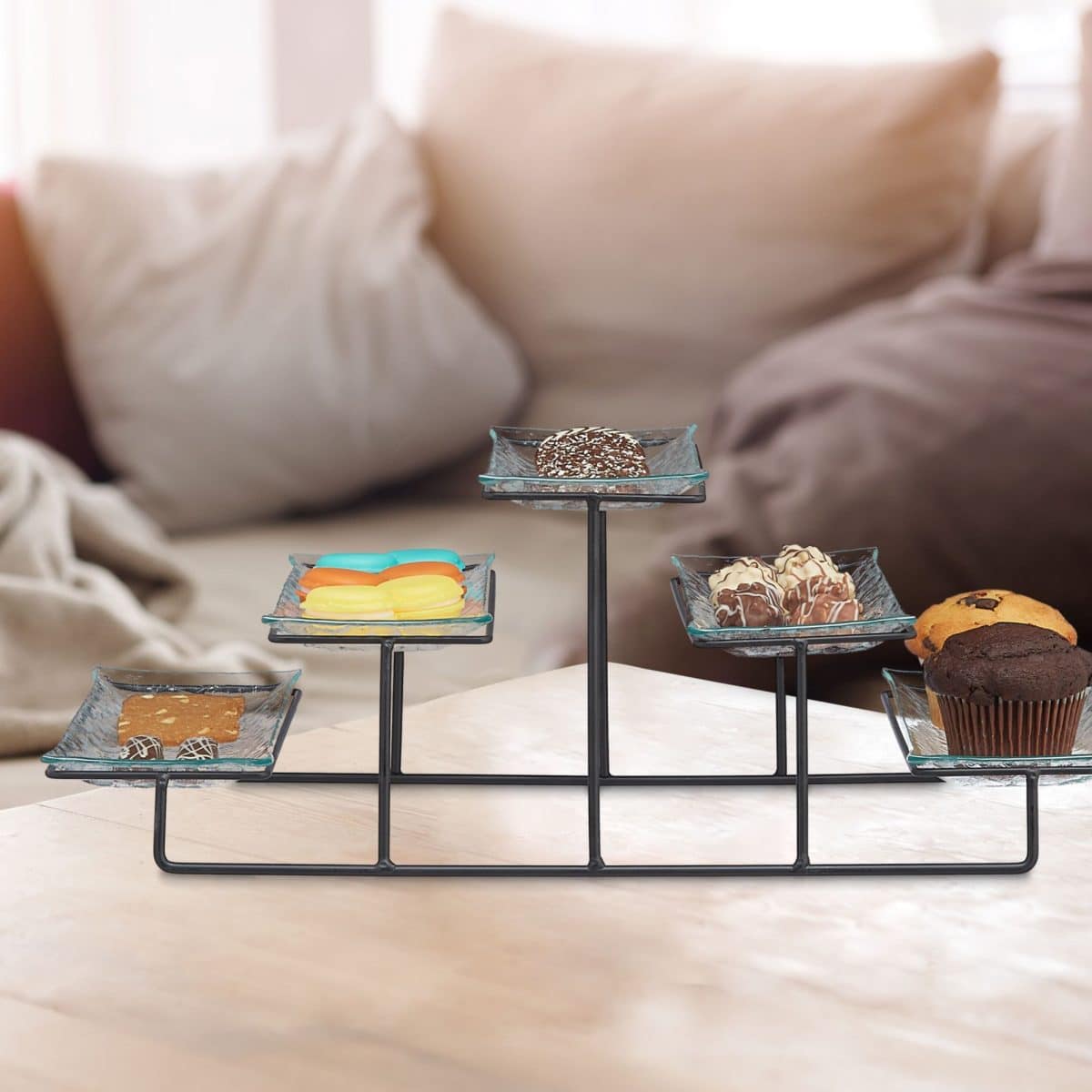 Set platouri si suport prajituri, 5 farfurii, sticla, 17,5 x 46 x 24,5 cm - imagine 3