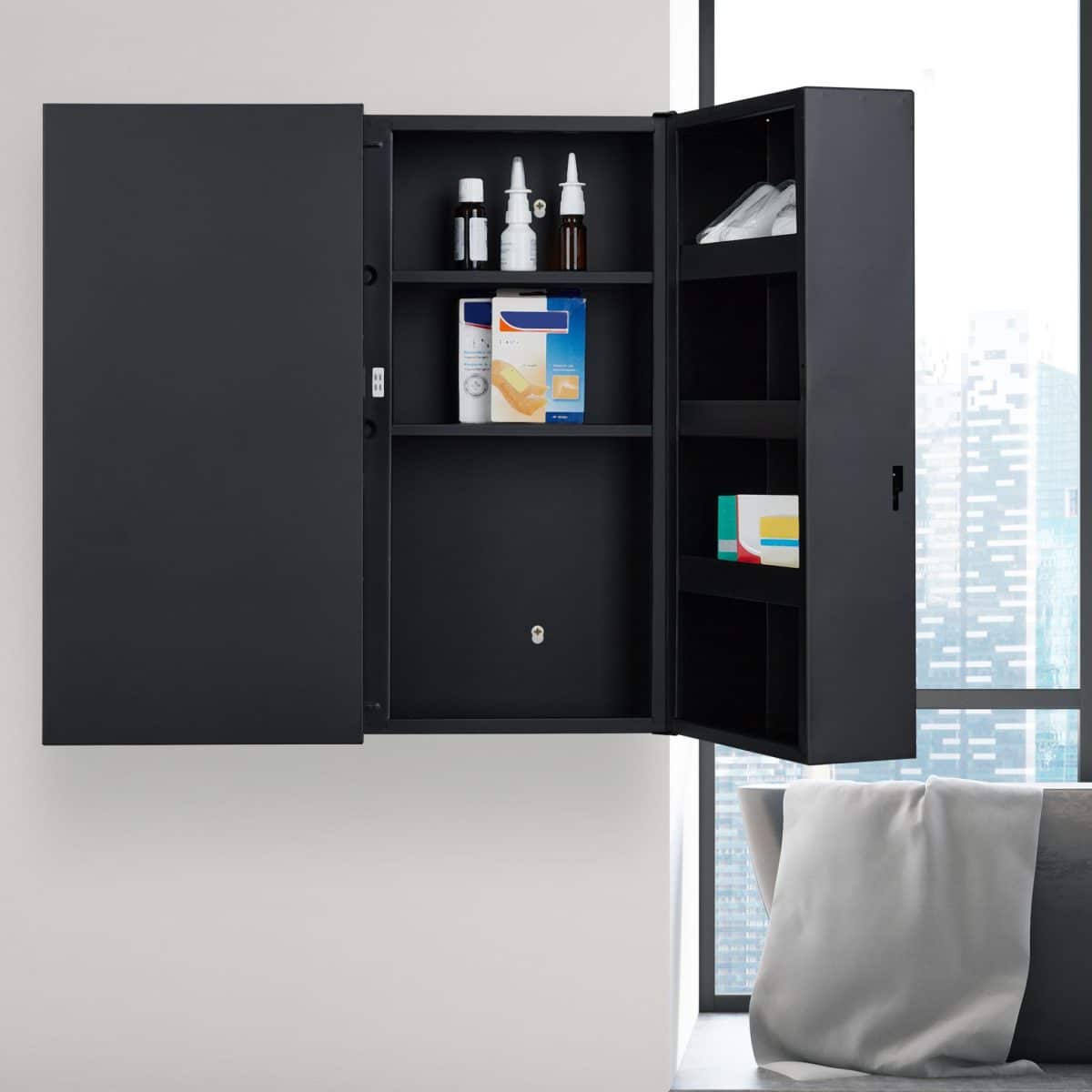 Dulap pentru medicamente XXL, 11 compartimente, inchidere magnetica, otel, negru,  53,5 x 53 x 19 cm - imagine 2