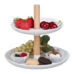 Suport supraetajat pe 2 nivele pentru prajituri si fructe, , suport din lemn, alb/natur, 19 x 17-21 cm