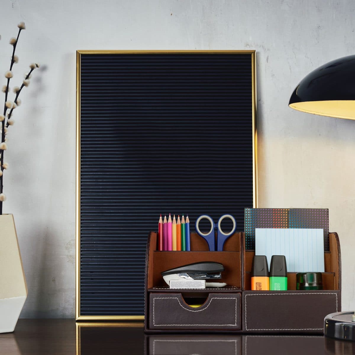 Organizator de birou, 4 compartimente si un sertar, piele ecologica, negru - imagine 2