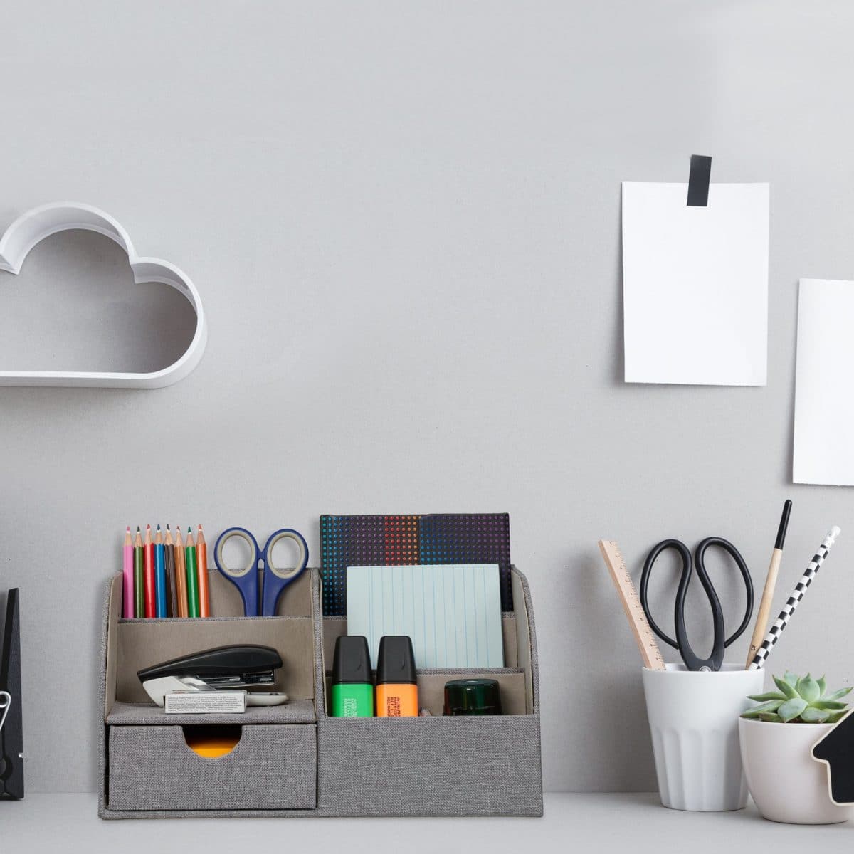Organizator de birou/cosmetice, 6 compartimente si un sertar, gri - imagine 2