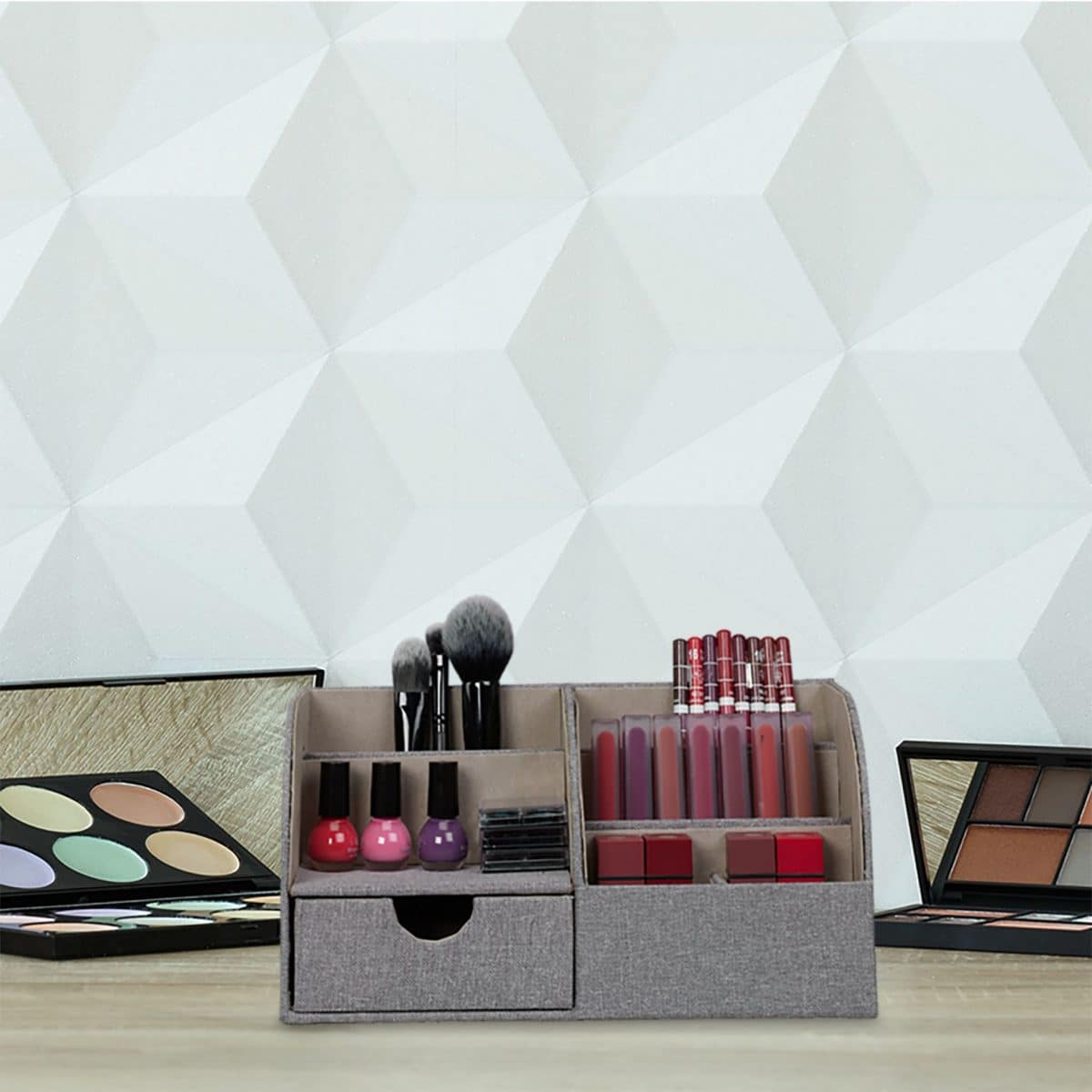Organizator de birou/cosmetice, 6 compartimente si un sertar, gri - imagine 5