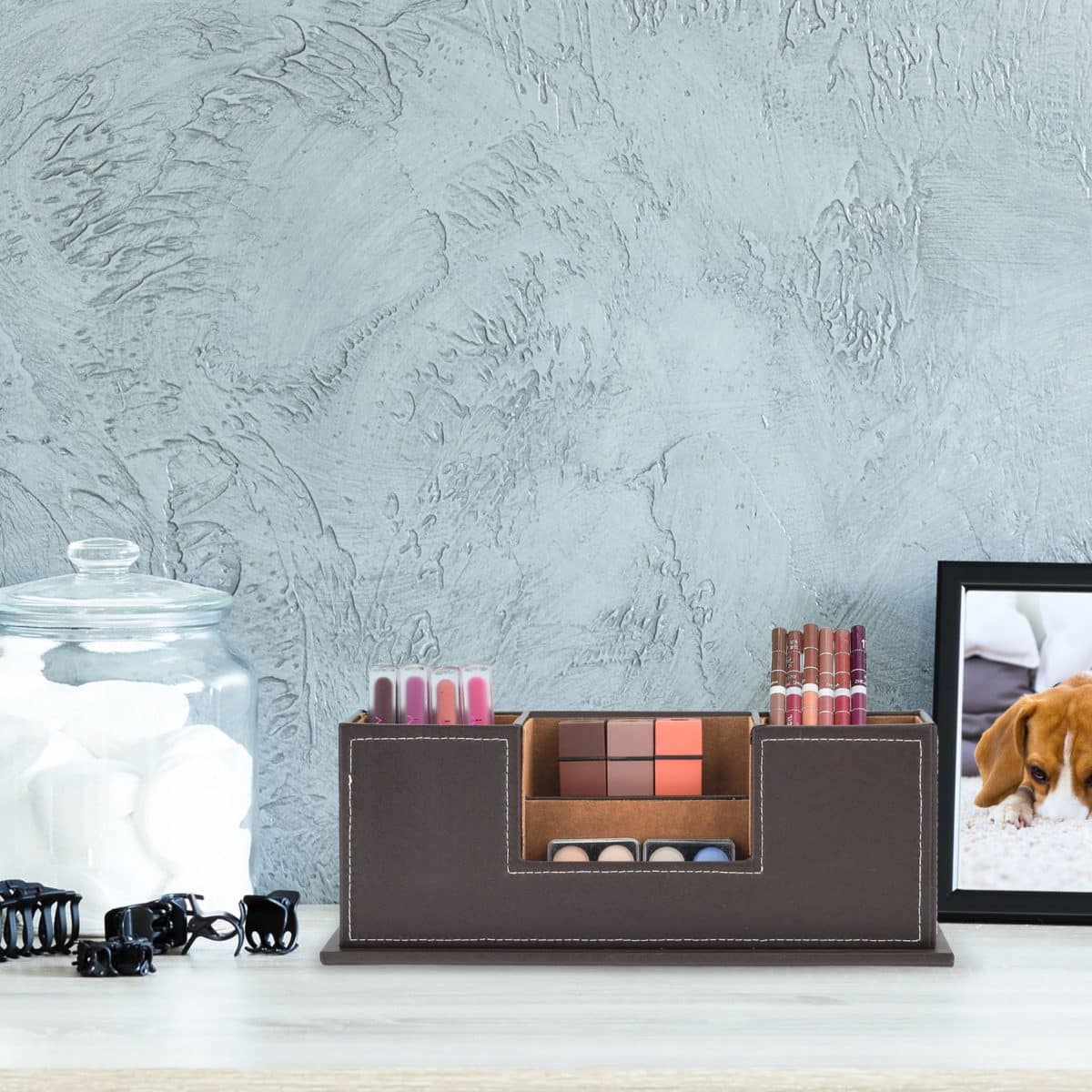 Organizator de birou/cosmetice, 4 compartimente, piele ecologica, negru - imagine 5