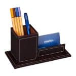 Organizator de birou, piele ecologica, pentru instrumente de scris si carti de vizita, maro