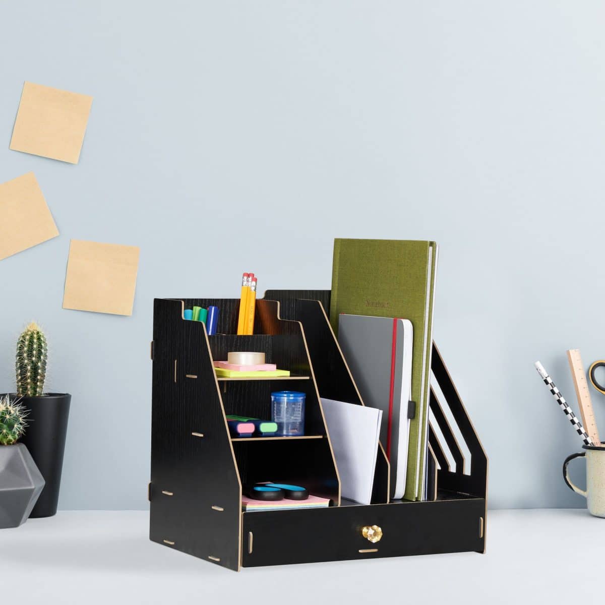 Organizator de birou, 8 compartimente si un sertar, negru, 29,5 x 33 x 24 cm - imagine 2