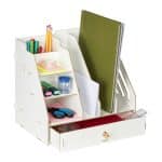 Organizator de birou, 8 compartimente si un sertar, alb, 29,5 x 33 x 24 cm