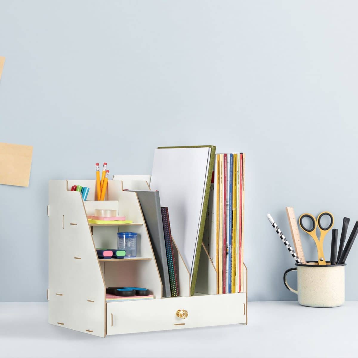 Organizator de birou, 8 compartimente si un sertar, alb, 29,5 x 33 x 24 cm - imagine 2